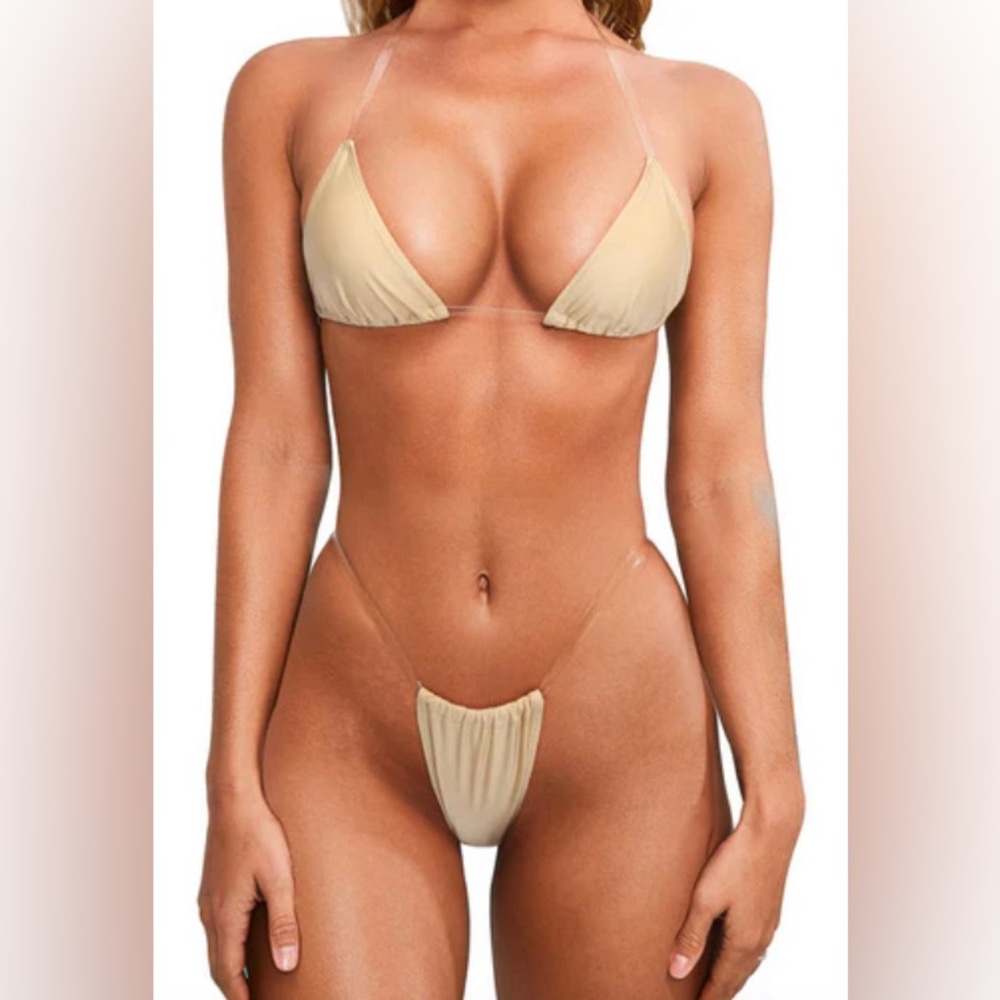 SherryLo Nude Clear Strap Thong Swim 2 Piece Bikini Set Size L